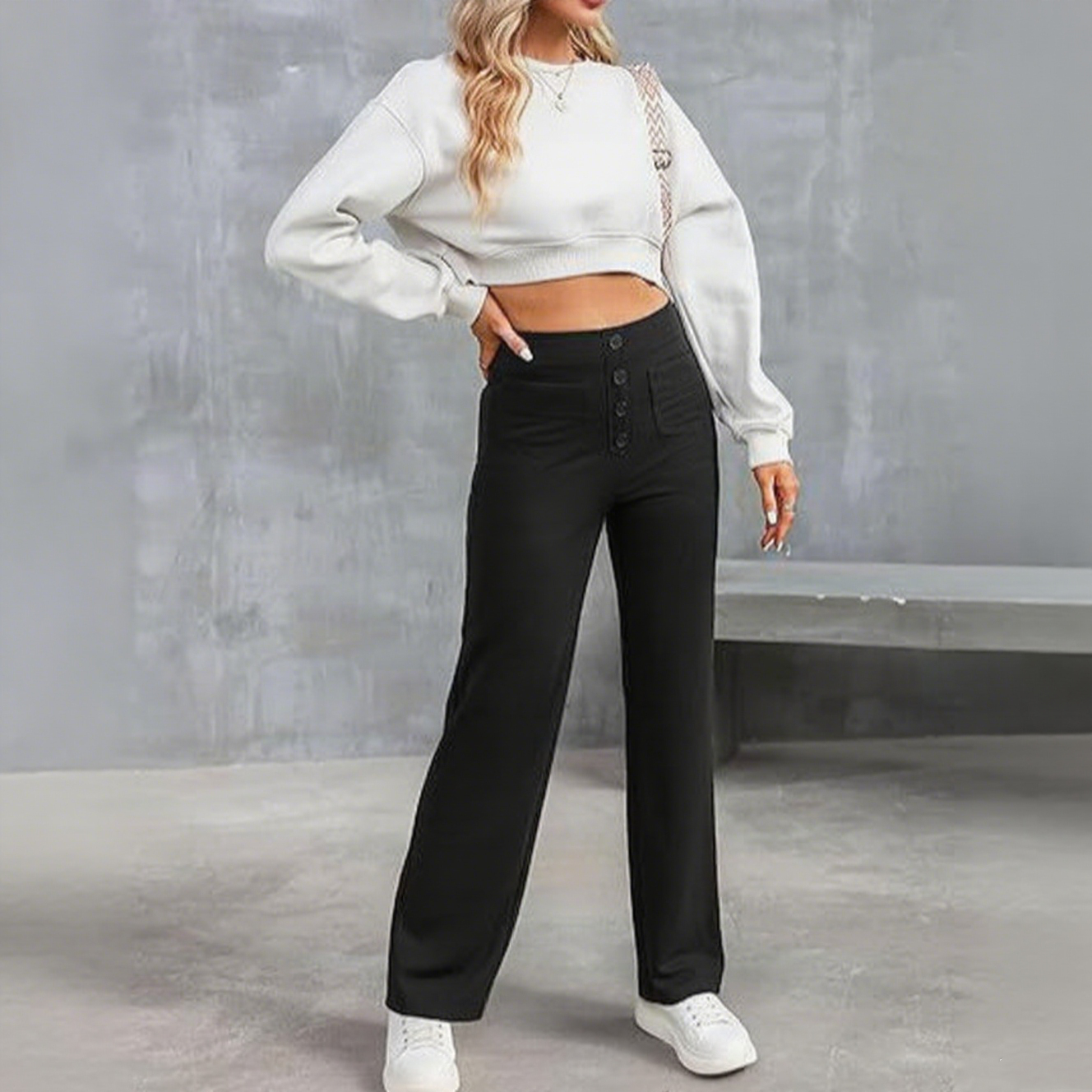 High Waisted Button Multiple Pockets Straight Leg Casual Pants