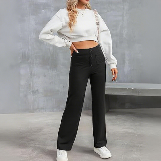High Waisted Button Multiple Pockets Straight Leg Casual Pants