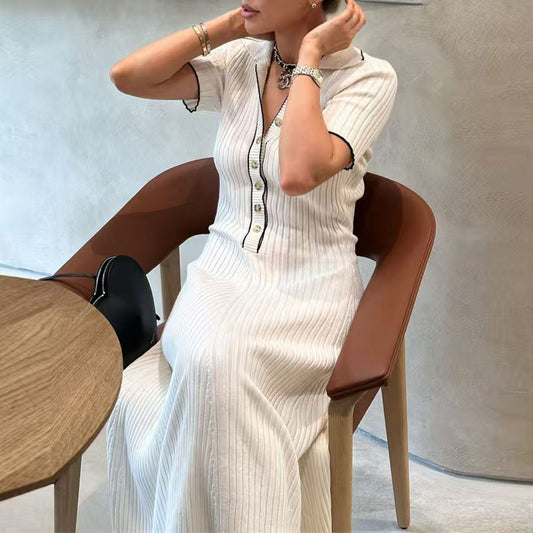 Elegant V-Neck Patchwork Knit Long Dress