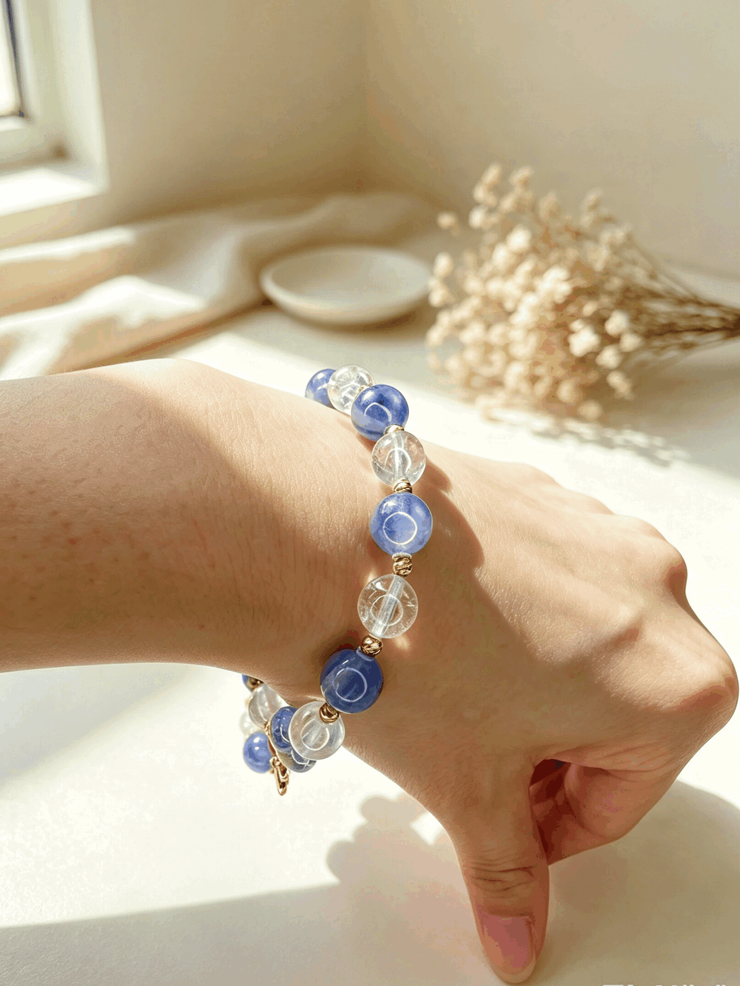 Celestial Blue Crystal Bracelet with Mother-of-Pearl Lacquer Bead, White Phantom Quartz & Aquamarine Heart Charm | Handmade Spiritual Jewelry