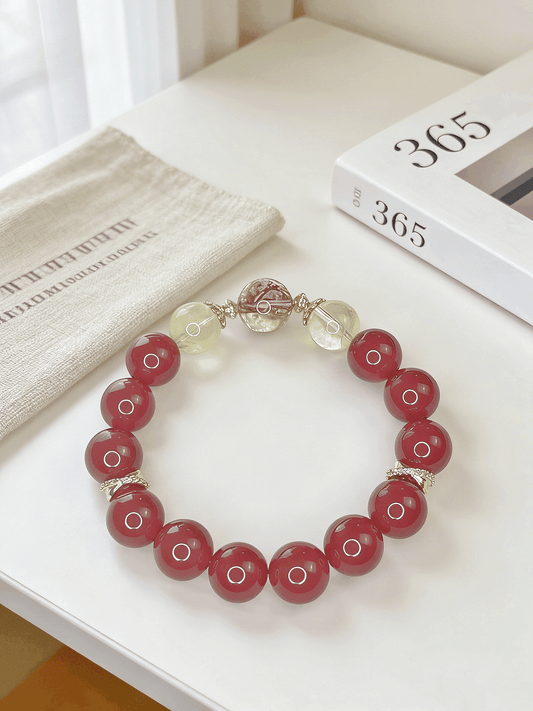 High-Quality 12-13mm Red Agate Crystal Bracelet | 18K Gold Plated Silver Lucky Bracelet with Yellow Phantom & Koi Red Resin Flower