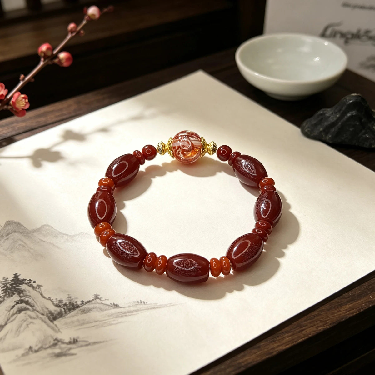 Natural Red Agate Bracelet with Gold-Foil Koi Accent | Eastern-Inspired Gemstone Jewelry
