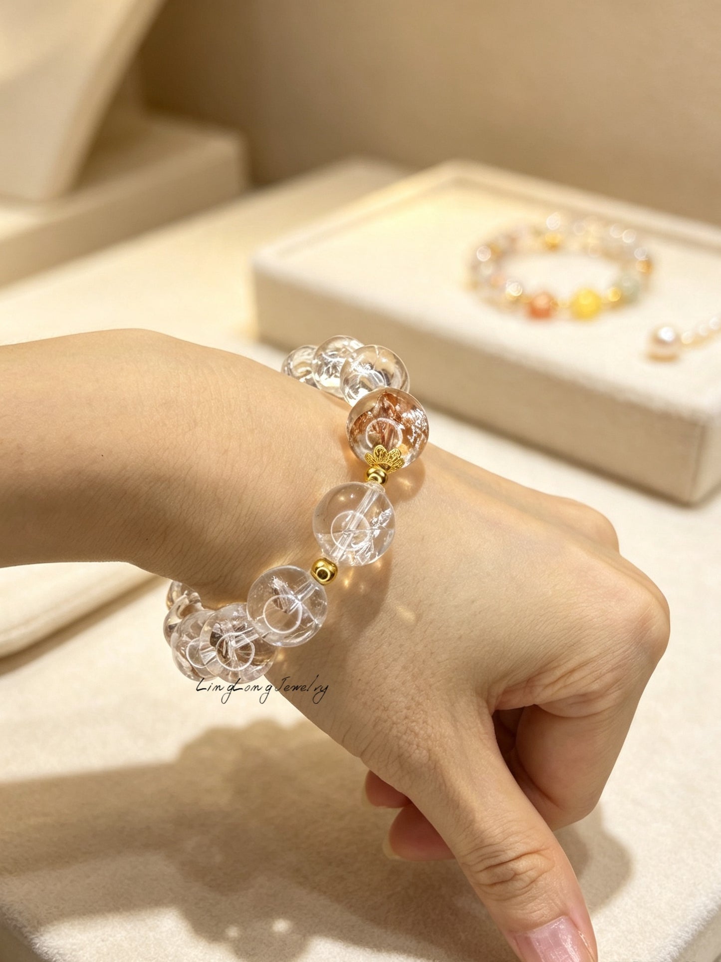 Rainbow Aurora Crystal Bracelet | Natural White Asai Quartz Bracelet with 18K Gold Accents