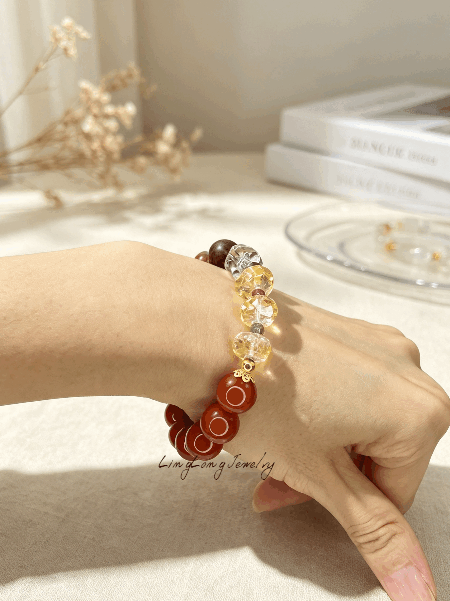 Red Flame Sandalwood Citrine Crystal Bracelet, Multi Gemstone Beaded Bracelet with AU750 18K Gold Spacers, Clear Quartz Oriental Fashion Jewelry for Women