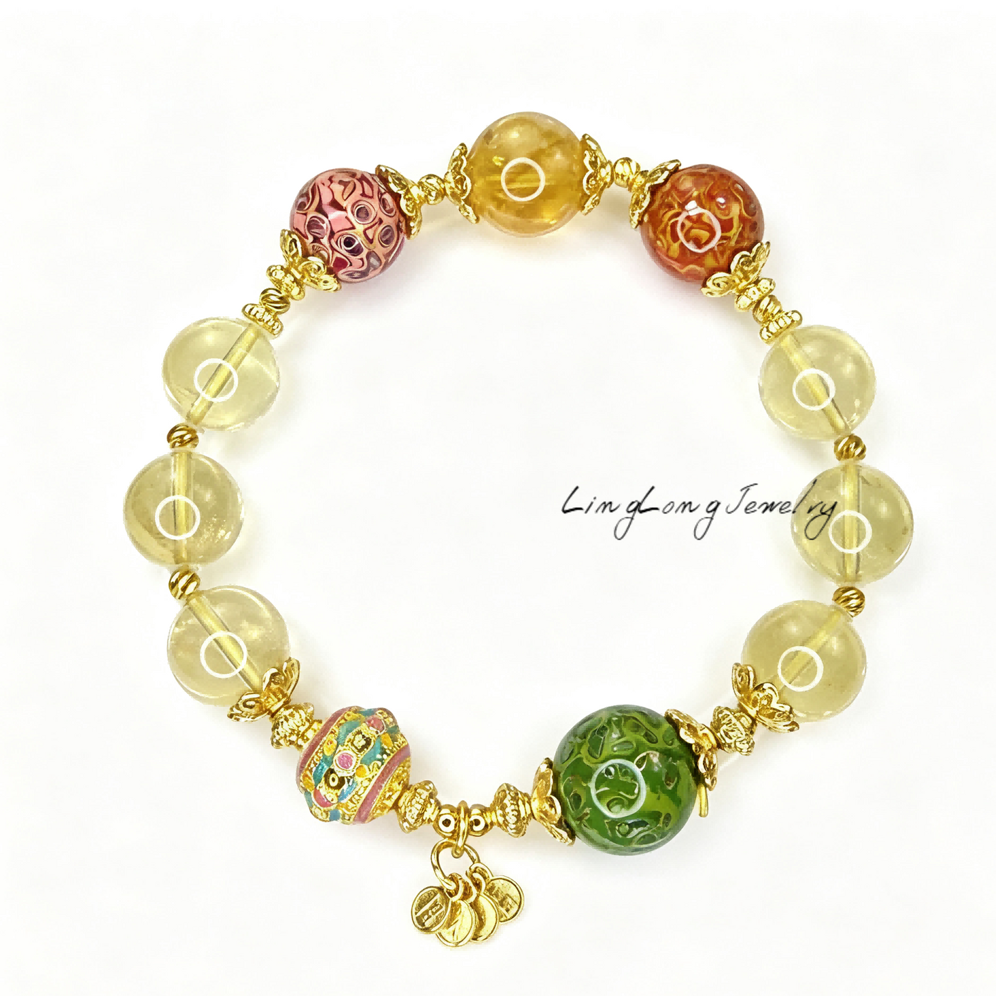 Heritage Lacquer Bracelet with Natural Citrine Crystals | Gold Plated Oriental Lucky Charm Jewelry | Handmade Luxury Gemstone Bracelet