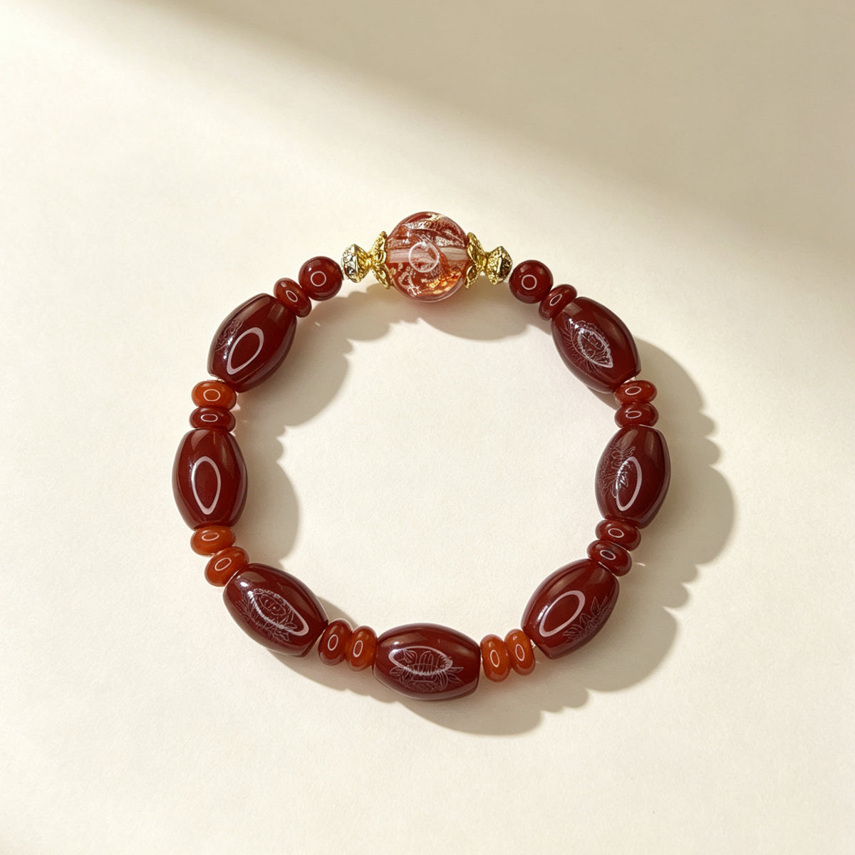 Natural Red Agate Bracelet with Gold-Foil Koi Accent | Eastern-Inspired Gemstone Jewelry