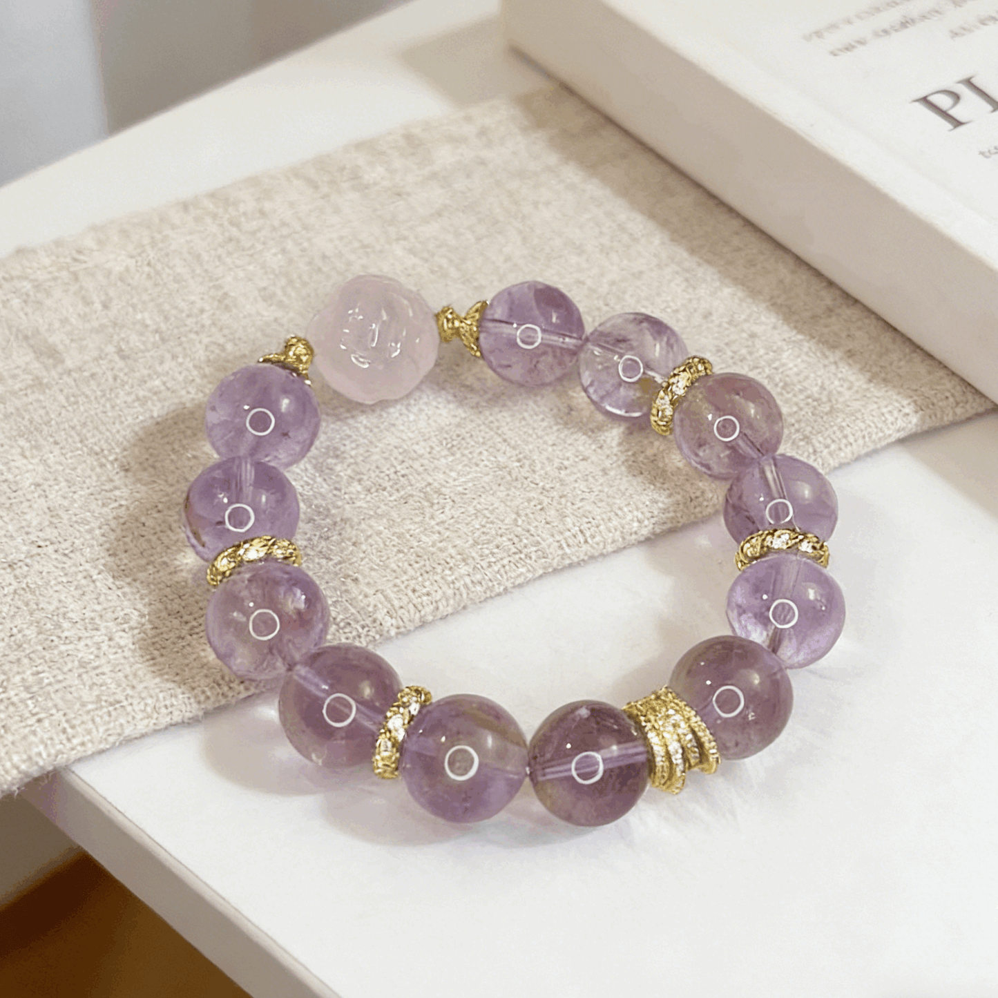 14-16mm Rainbow Lavender Amethyst Bracelet with Rose Quartz Fox Charm | 18K Gold Plated Crystal Jewelry