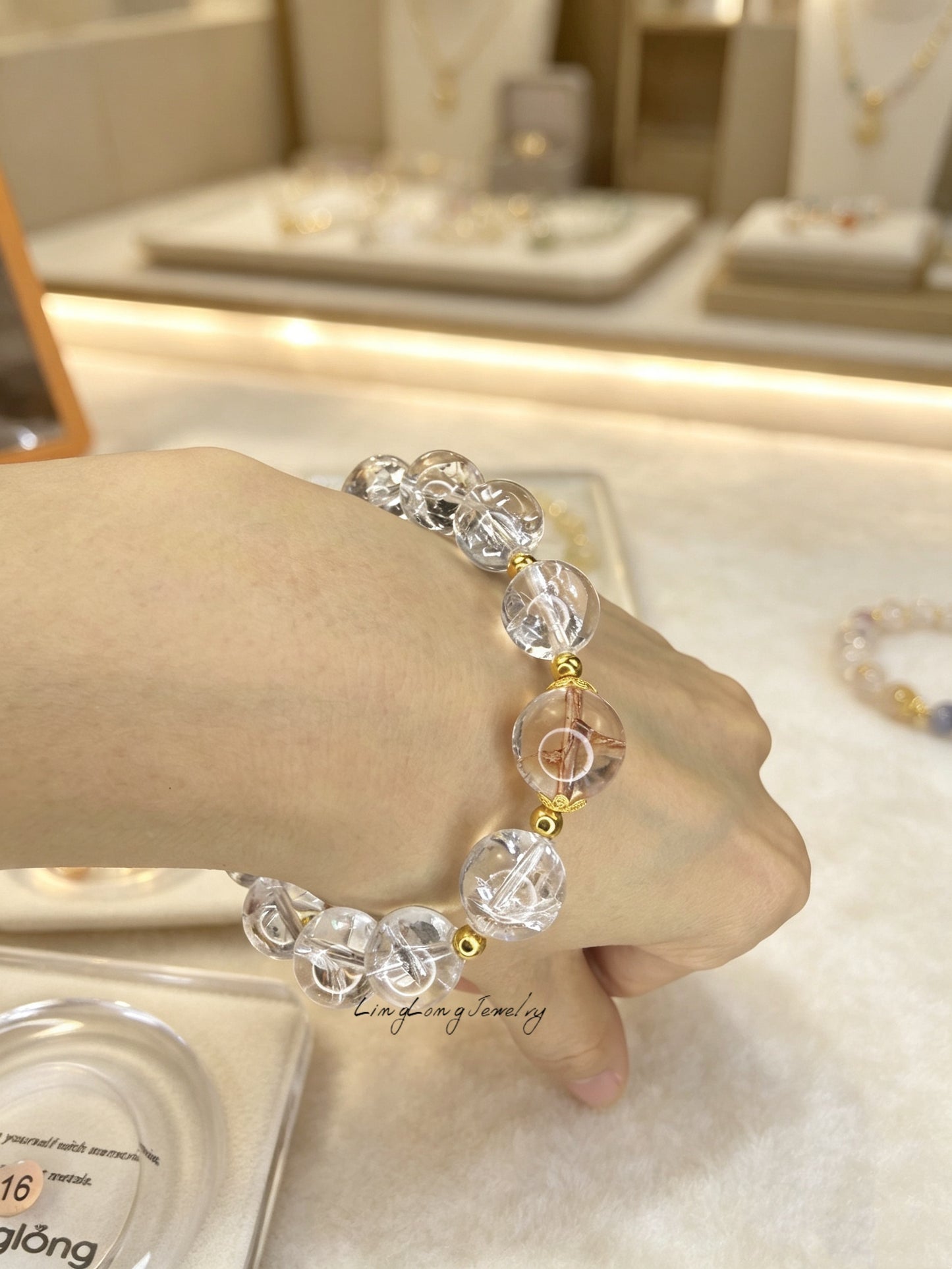 Rainbow Aurora Crystal Bracelet | Natural White Asai Quartz Bracelet with 18K Gold Accents