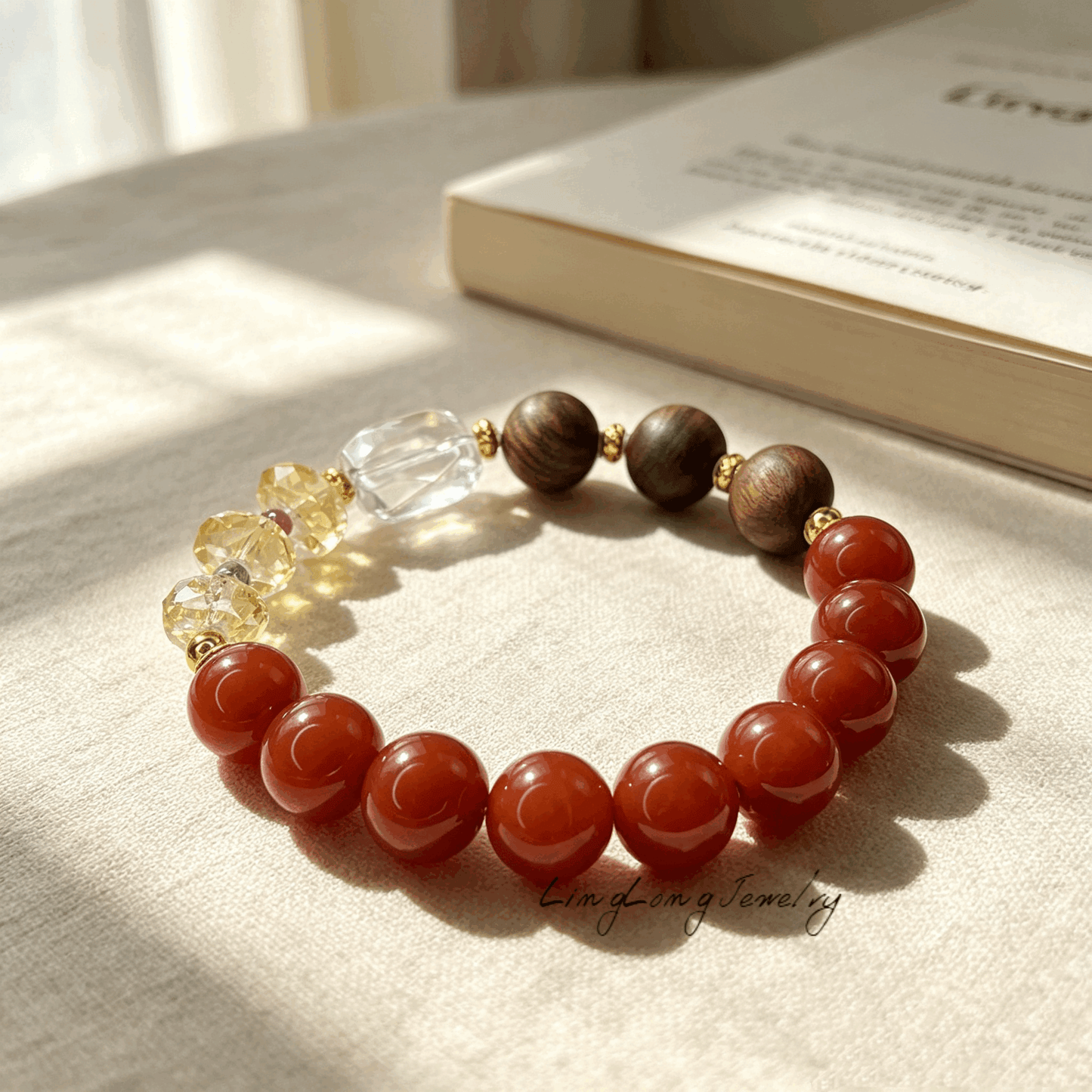 Red Flame Sandalwood Citrine Crystal Bracelet, Multi Gemstone Beaded Bracelet with AU750 18K Gold Spacers, Clear Quartz Oriental Fashion Jewelry for Women