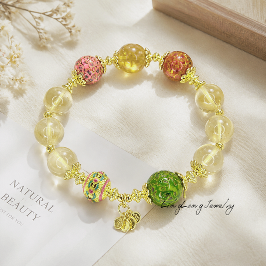 Heritage Lacquer Bracelet with Natural Citrine Crystals | Gold Plated Oriental Lucky Charm Jewelry | Handmade Luxury Gemstone Bracelet