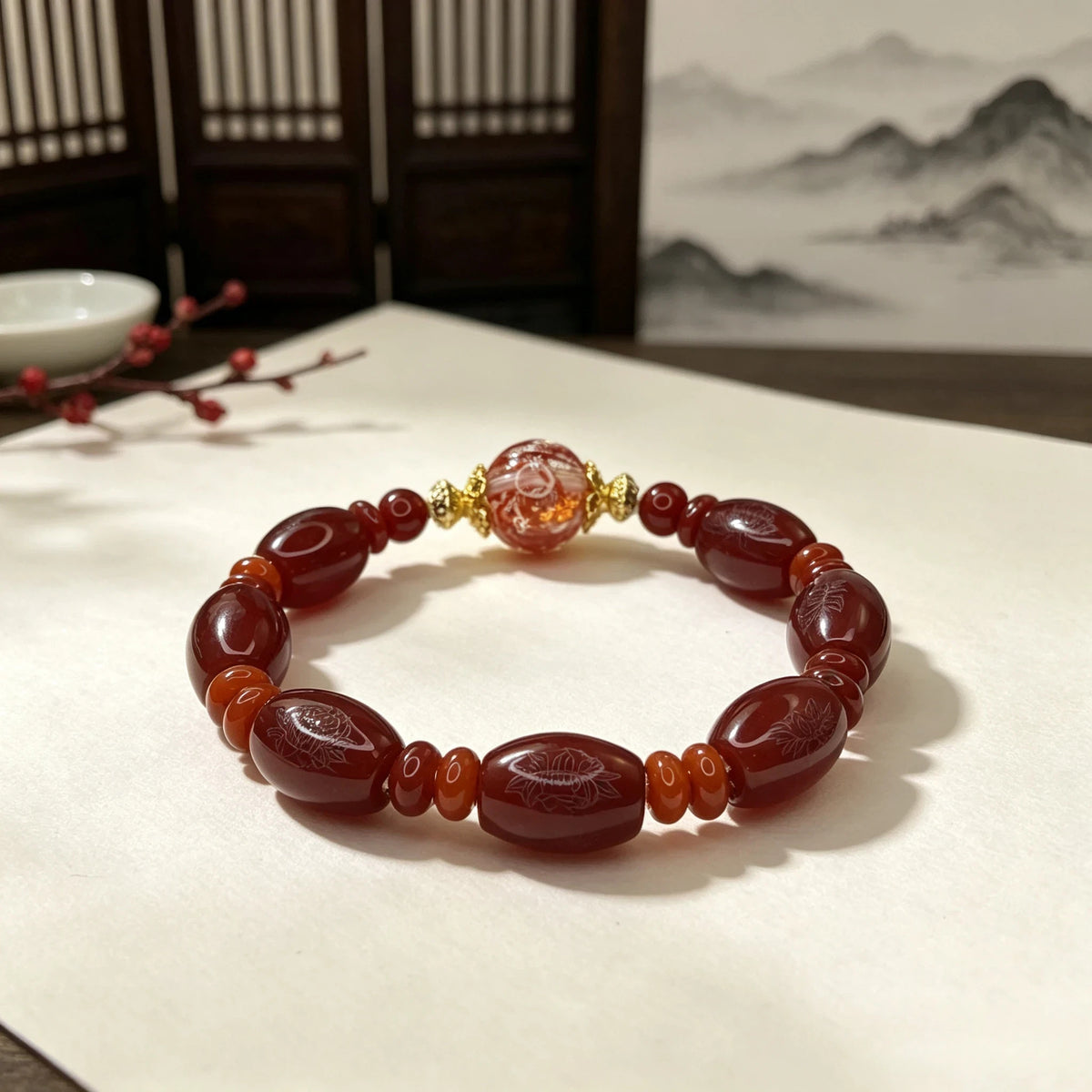 Natural Red Agate Bracelet with Gold-Foil Koi Accent | Eastern-Inspired Gemstone Jewelry