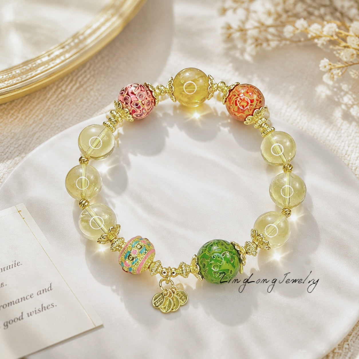 Luxury Natural Citrine Crystal Bracelet with Chinese Heritage Lacquer Beads | Eastern Inspired Handmade Jewelry