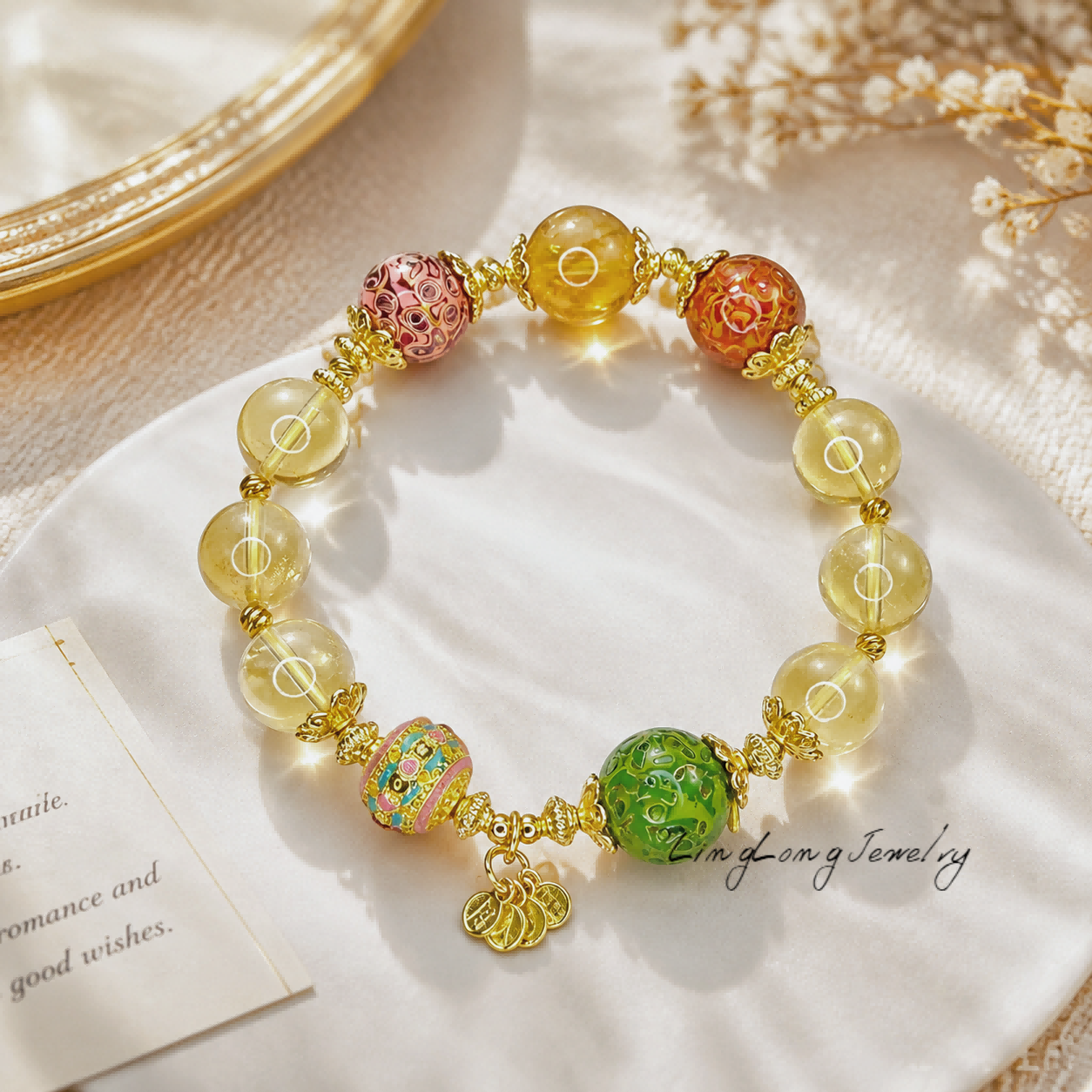 Heritage Lacquer Bracelet with Natural Citrine Crystals | Gold Plated Oriental Lucky Charm Jewelry | Handmade Luxury Gemstone Bracelet