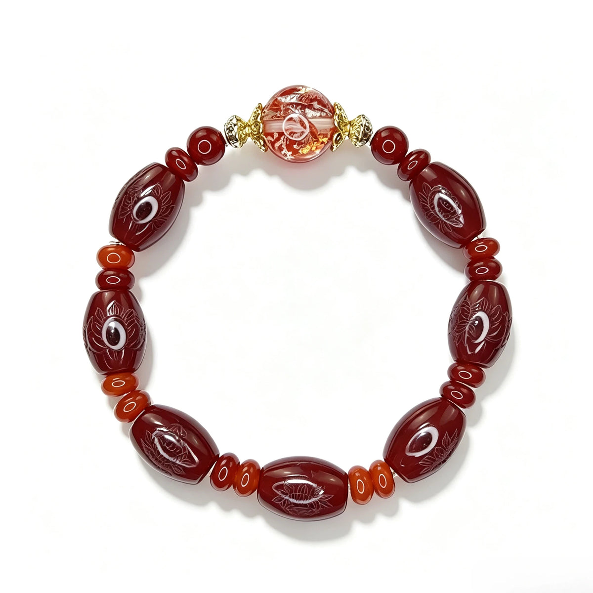 Natural Red Agate Bracelet with Gold-Foil Koi Accent | Eastern-Inspired Gemstone Jewelry