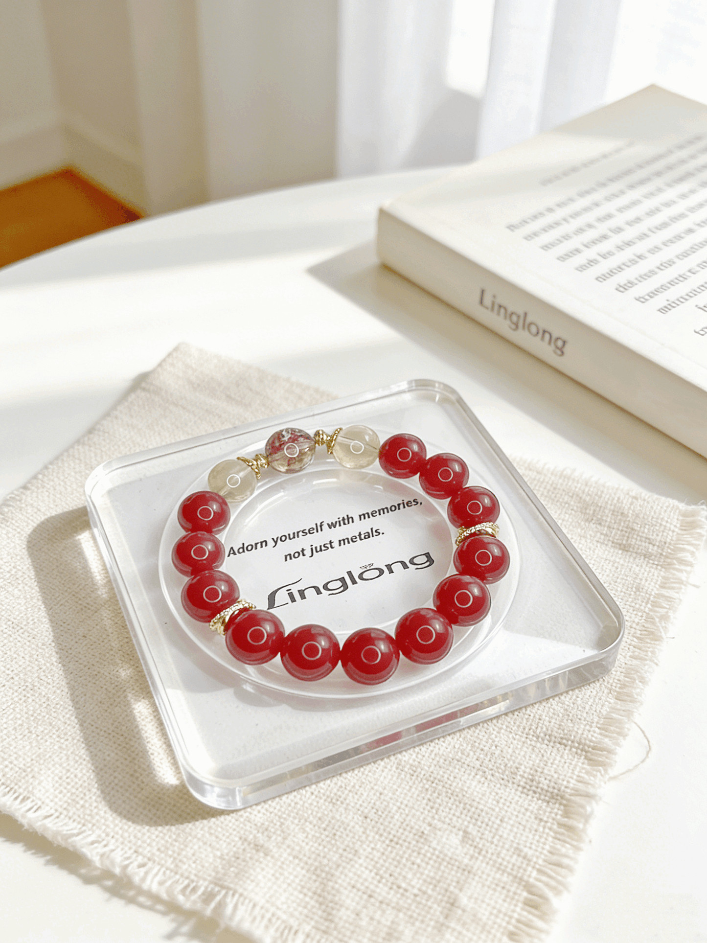 High-Quality 12-13mm Red Agate Crystal Bracelet | 18K Gold Plated Silver Lucky Bracelet with Yellow Phantom & Koi Red Resin Flower