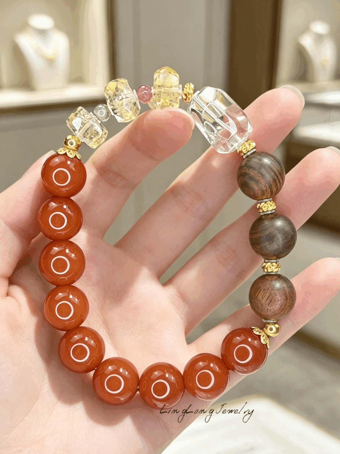 Red Flame Sandalwood Citrine Crystal Bracelet, Multi Gemstone Beaded Bracelet with AU750 18K Gold Spacers, Clear Quartz Oriental Fashion Jewelry for Women