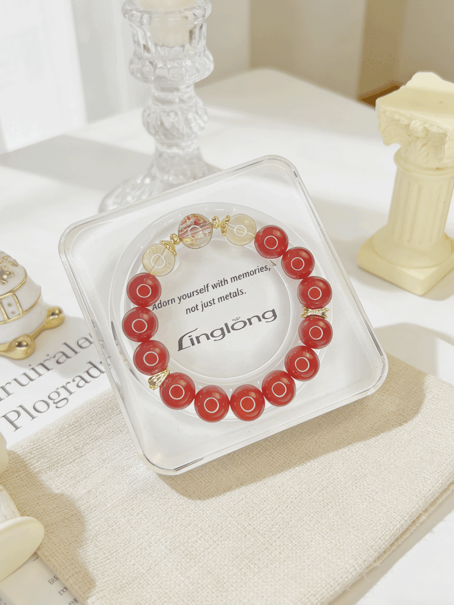 High-Quality 12-13mm Red Agate Crystal Bracelet | 18K Gold Plated Silver Lucky Bracelet with Yellow Phantom & Koi Red Resin Flower