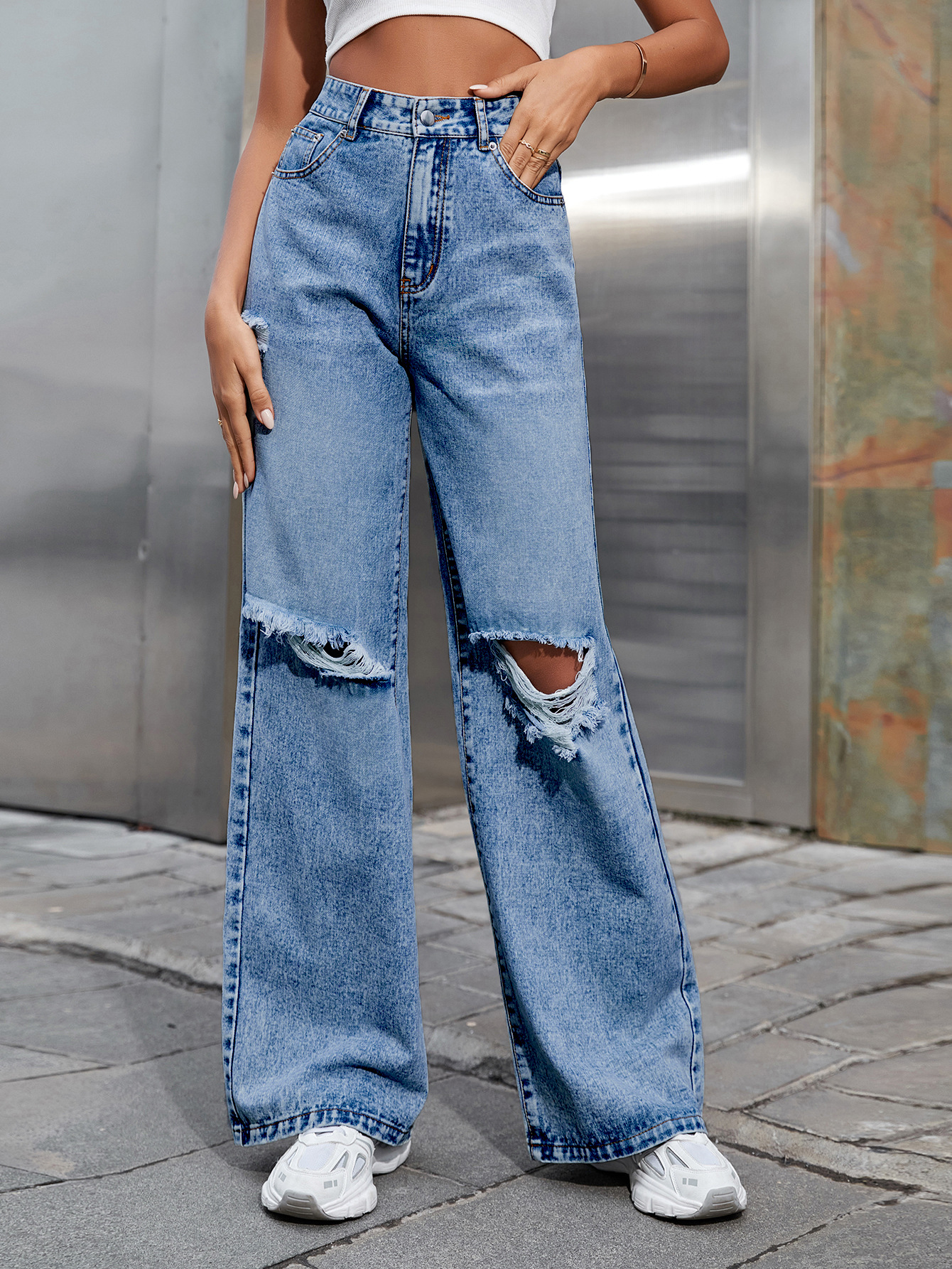 High Waisted Loose Double Knee Ripped Jeans Raw Edge Straight Trousers