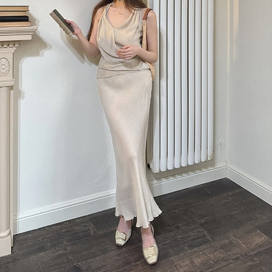 V-neck sleeveless halter undershirt female temperament top package hip fishtail skirt long skirt