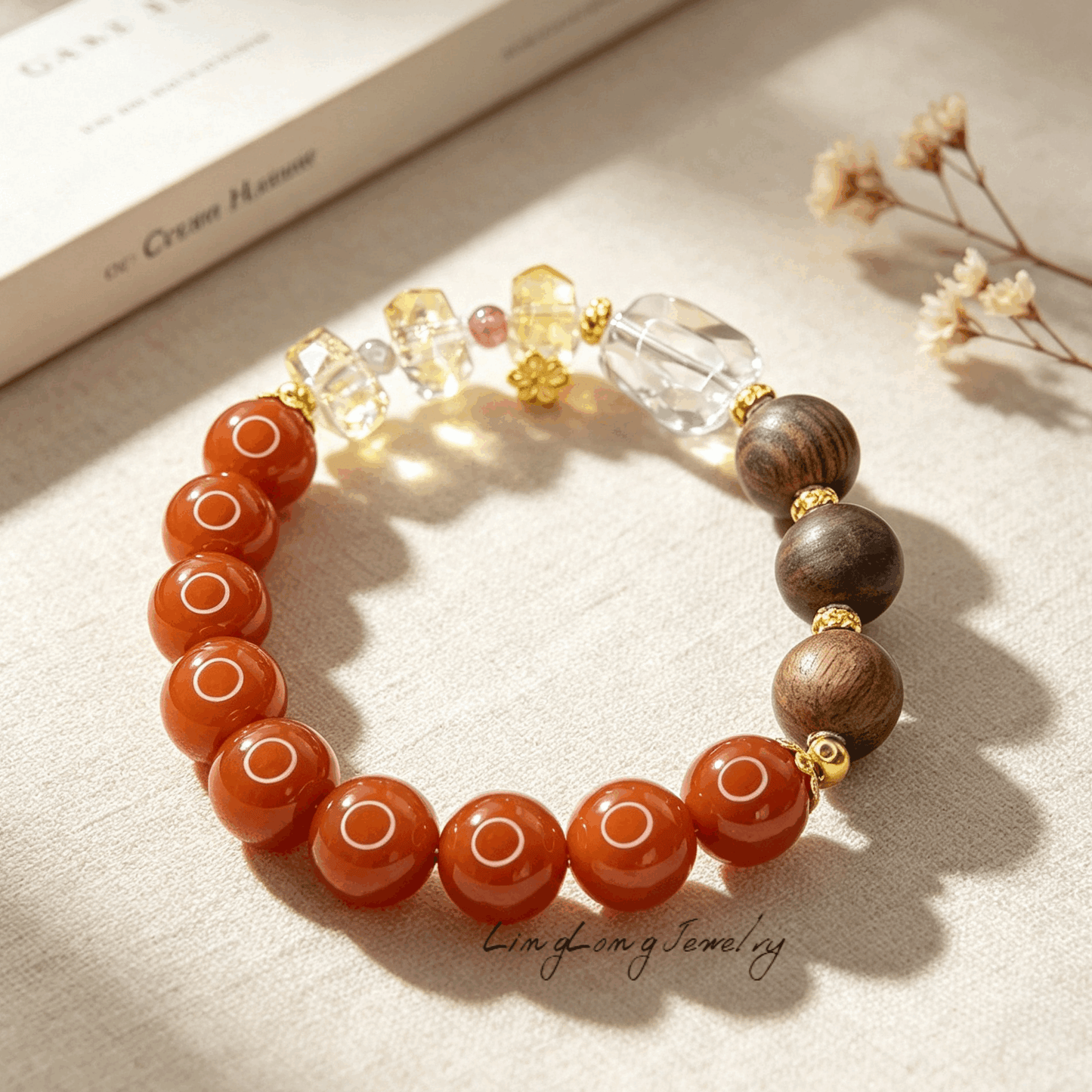 Red Flame Sandalwood Citrine Crystal Bracelet, Multi Gemstone Beaded Bracelet with AU750 18K Gold Spacers, Clear Quartz Oriental Fashion Jewelry for Women