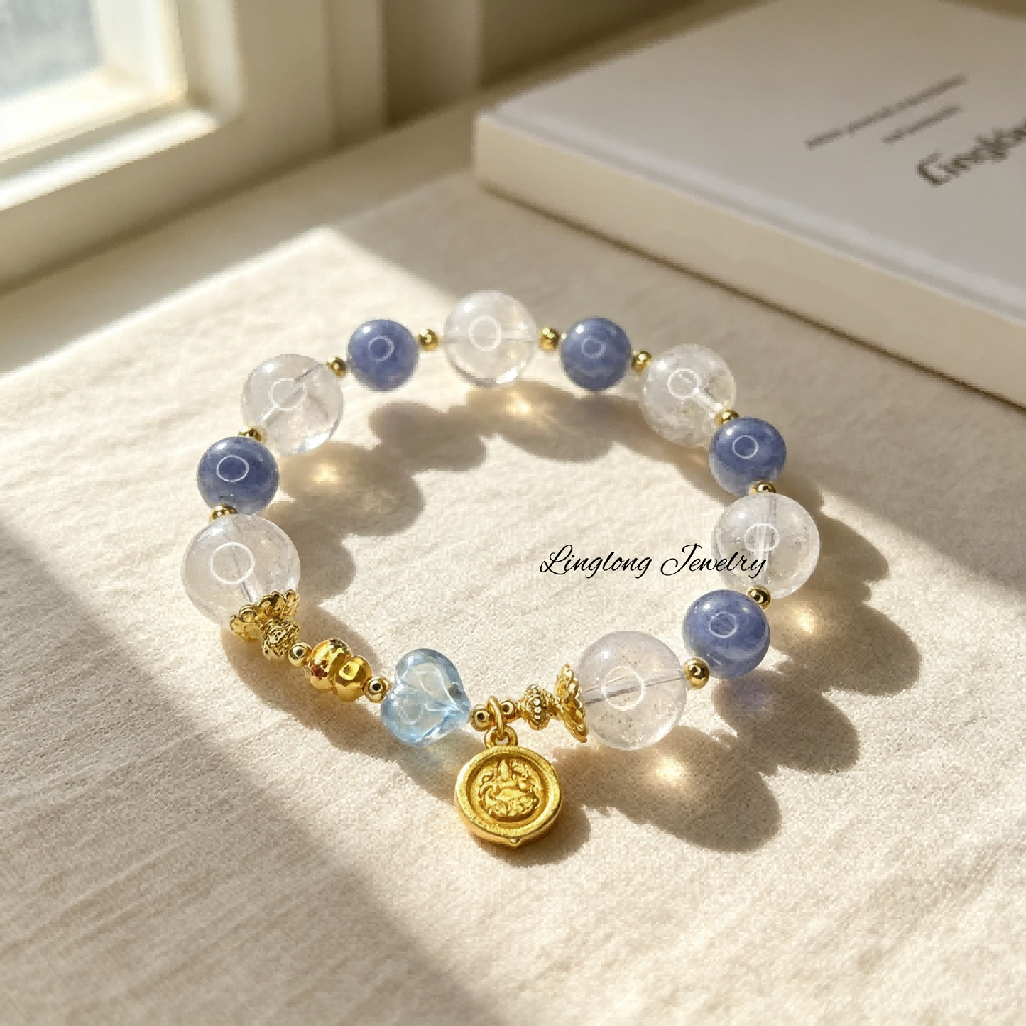White Phantom & Blue Quartz Beaded Bracelet with Blue Topaz Peach Charm, Zhaxi Lam Tibetan Goddess Gold Pendant Natural Gemstone Bracelet for Women