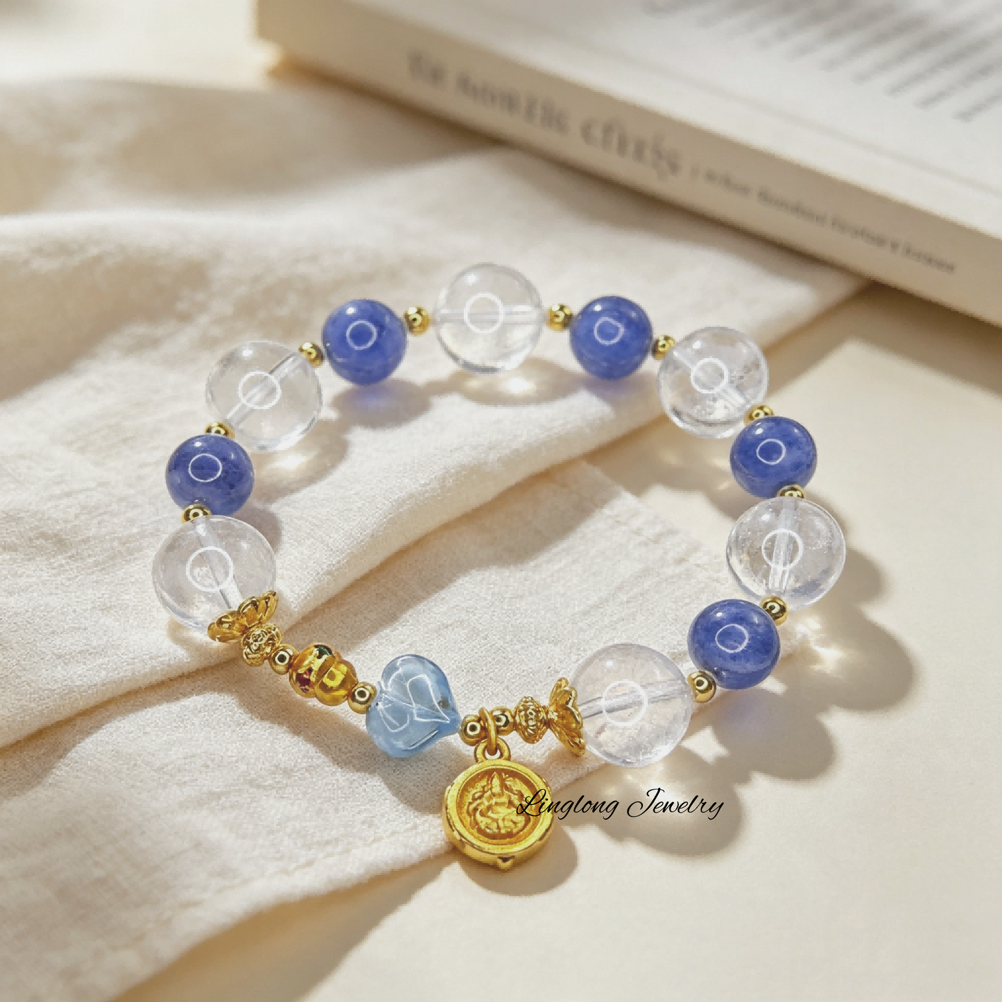 White Phantom & Blue Quartz Beaded Bracelet with Blue Topaz Peach Charm, Zhaxi Lam Tibetan Goddess Gold Pendant Natural Gemstone Bracelet for Women