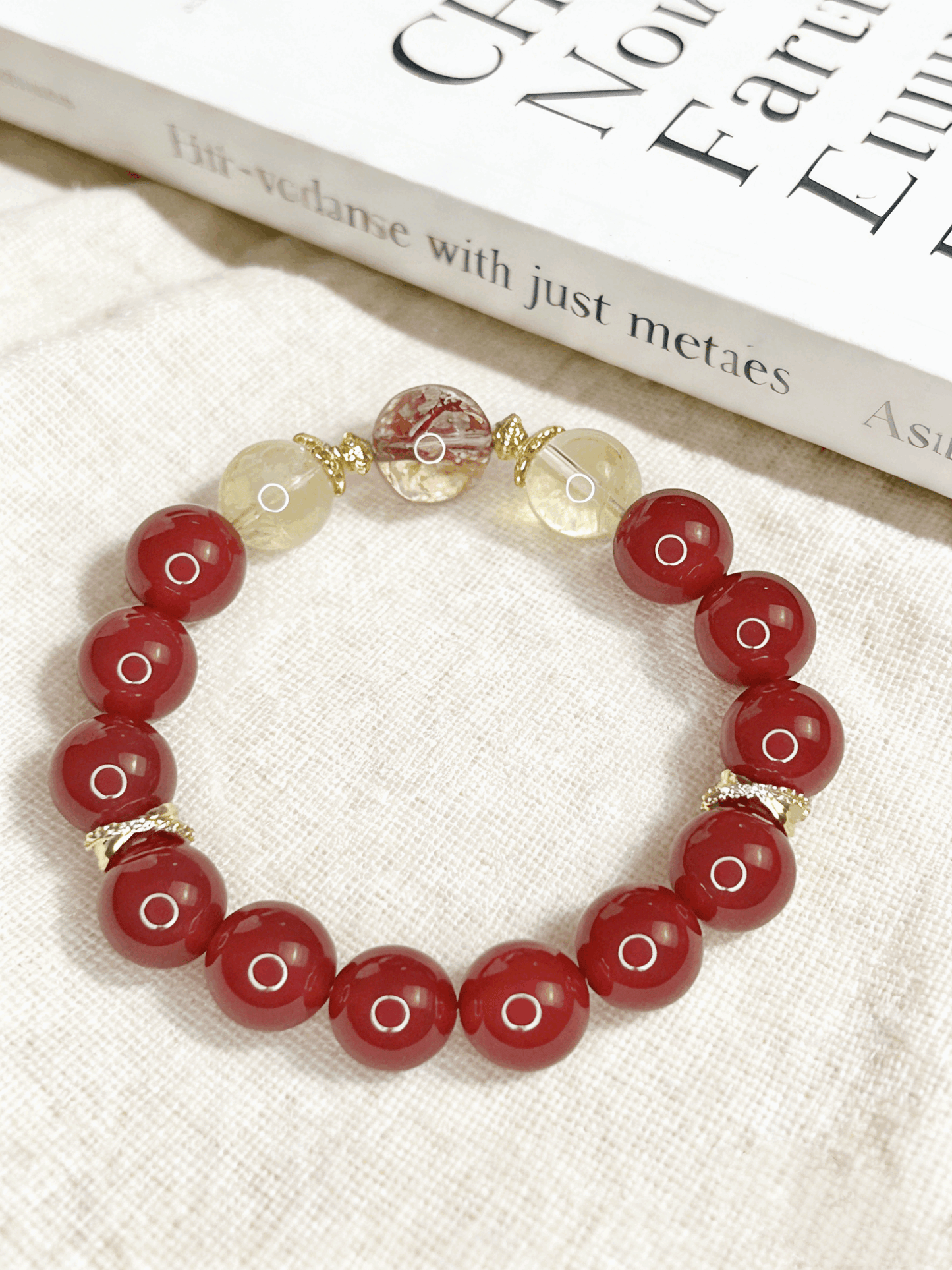 High-Quality 12-13mm Red Agate Crystal Bracelet | 18K Gold Plated Silver Lucky Bracelet with Yellow Phantom & Koi Red Resin Flower