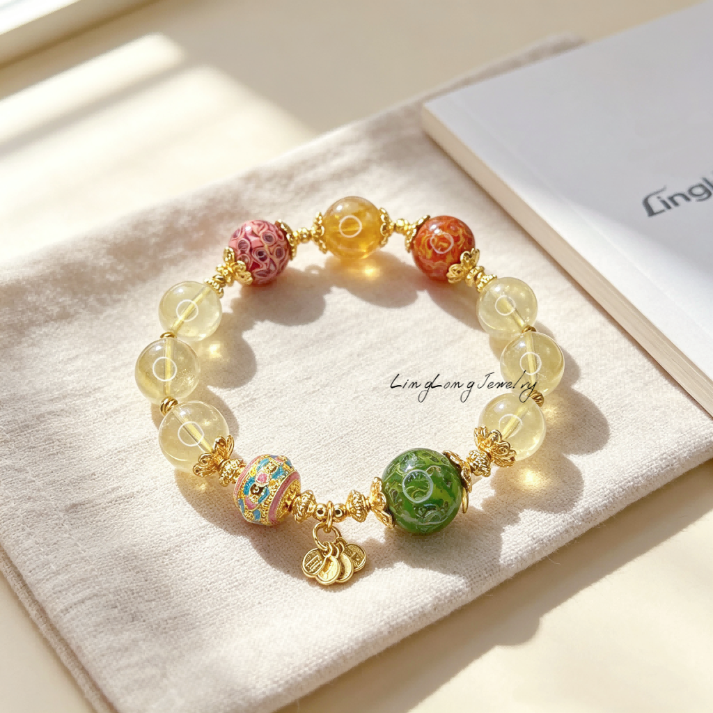 Heritage Lacquer Bracelet with Natural Citrine Crystals | Gold Plated Oriental Lucky Charm Jewelry | Handmade Luxury Gemstone Bracelet
