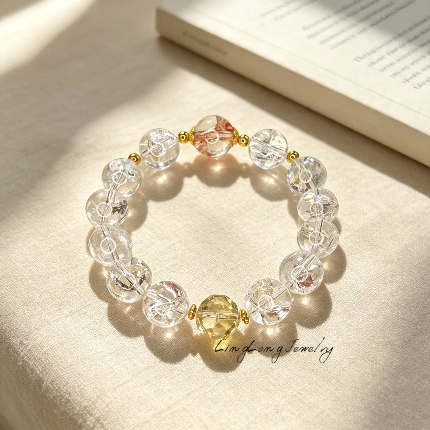 Rainbow Aurora Crystal Bracelet | Natural White Asai Quartz Bracelet with 18K Gold Accents