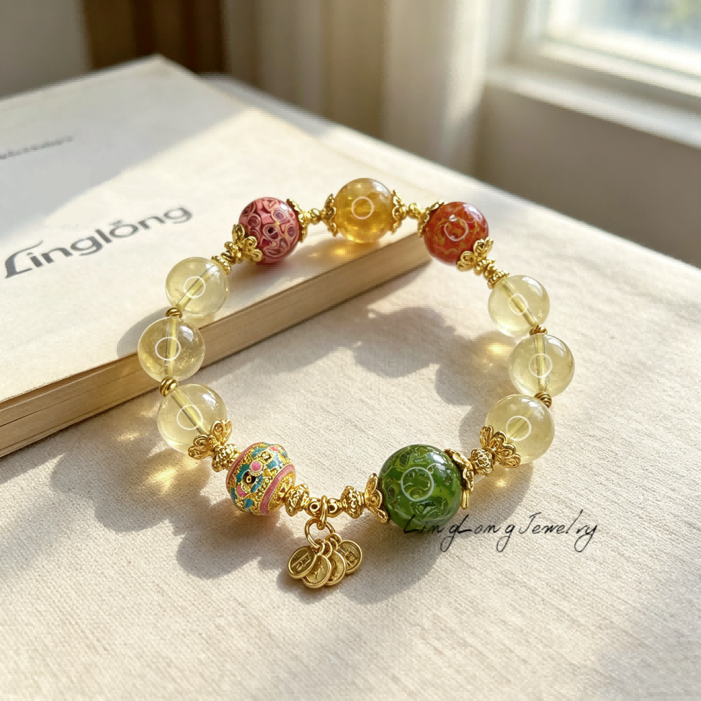 Heritage Lacquer Bracelet with Natural Citrine Crystals | Gold Plated Oriental Lucky Charm Jewelry | Handmade Luxury Gemstone Bracelet