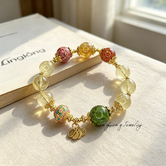 Luxury Natural Citrine Crystal Bracelet with Chinese Heritage Lacquer Beads | Eastern Inspired Handmade Jewelry