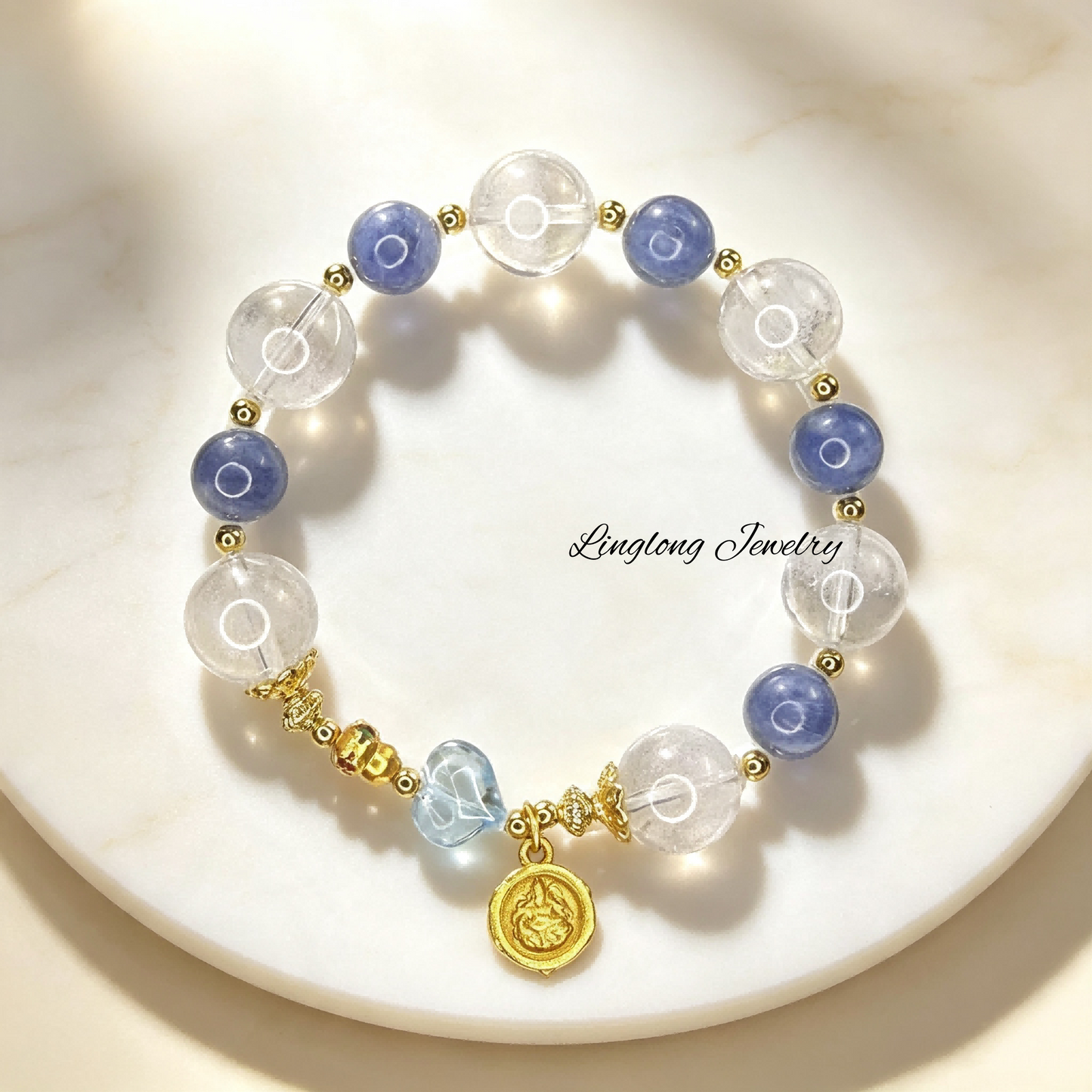 White Phantom & Blue Quartz Beaded Bracelet with Blue Topaz Peach Charm, Zhaxi Lam Tibetan Goddess Gold Pendant Natural Gemstone Bracelet for Women