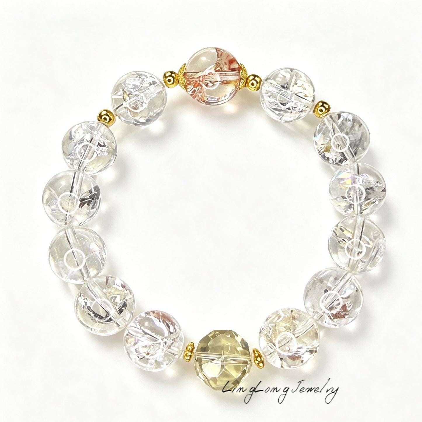 Rainbow Aurora Crystal Bracelet | Natural White Asai Quartz Bracelet with 18K Gold Accents