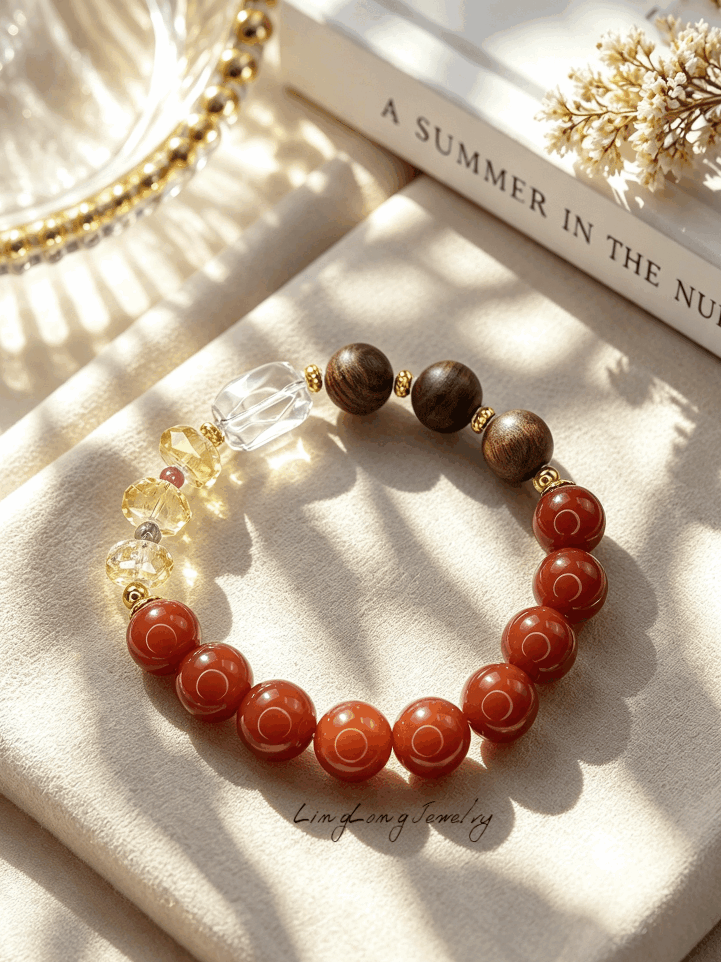 Red Flame Sandalwood Citrine Crystal Bracelet, Multi Gemstone Beaded Bracelet with AU750 18K Gold Spacers, Clear Quartz Oriental Fashion Jewelry for Women