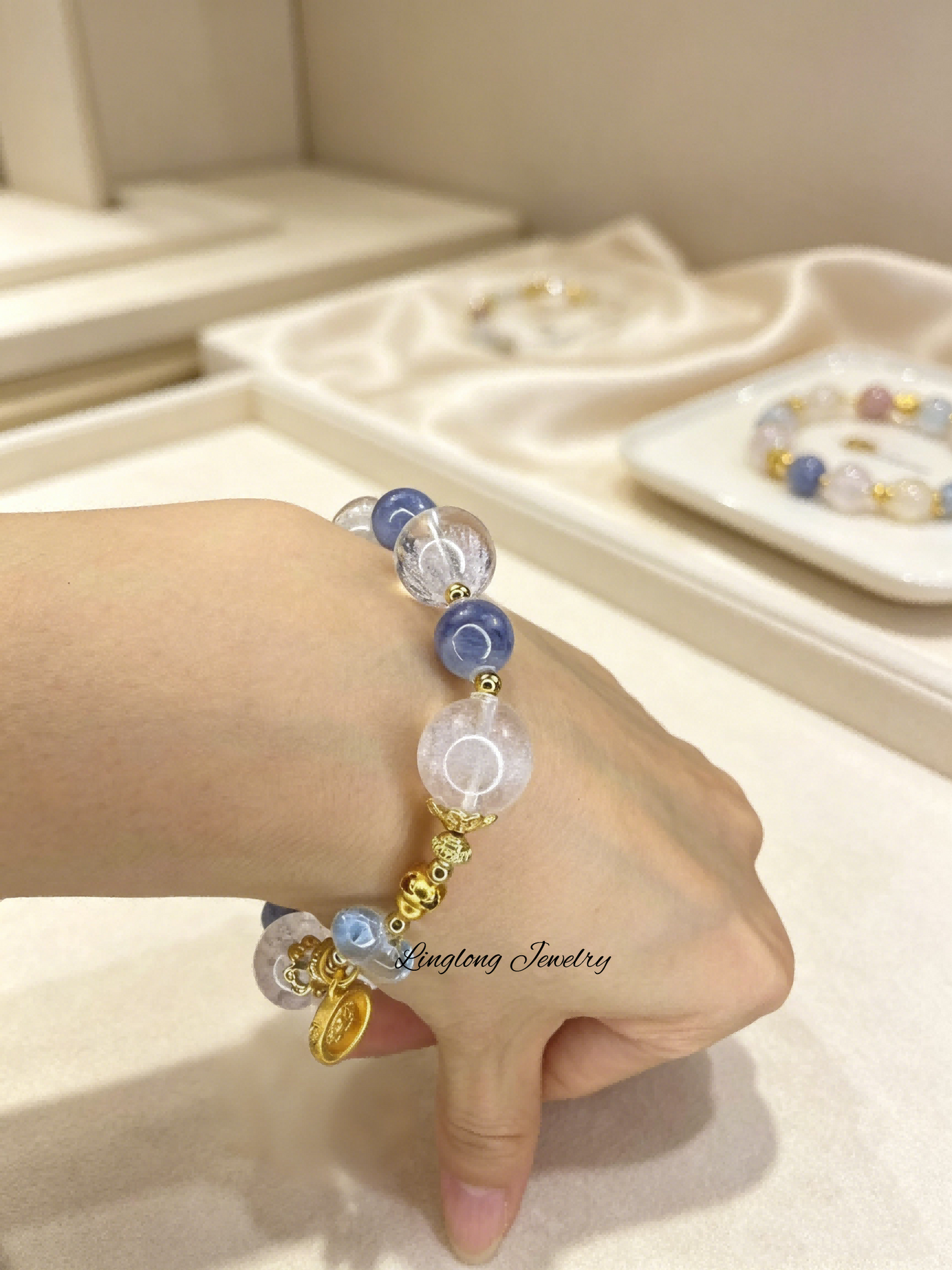 White Phantom & Blue Quartz Beaded Bracelet with Blue Topaz Peach Charm, Zhaxi Lam Tibetan Goddess Gold Pendant Natural Gemstone Bracelet for Women