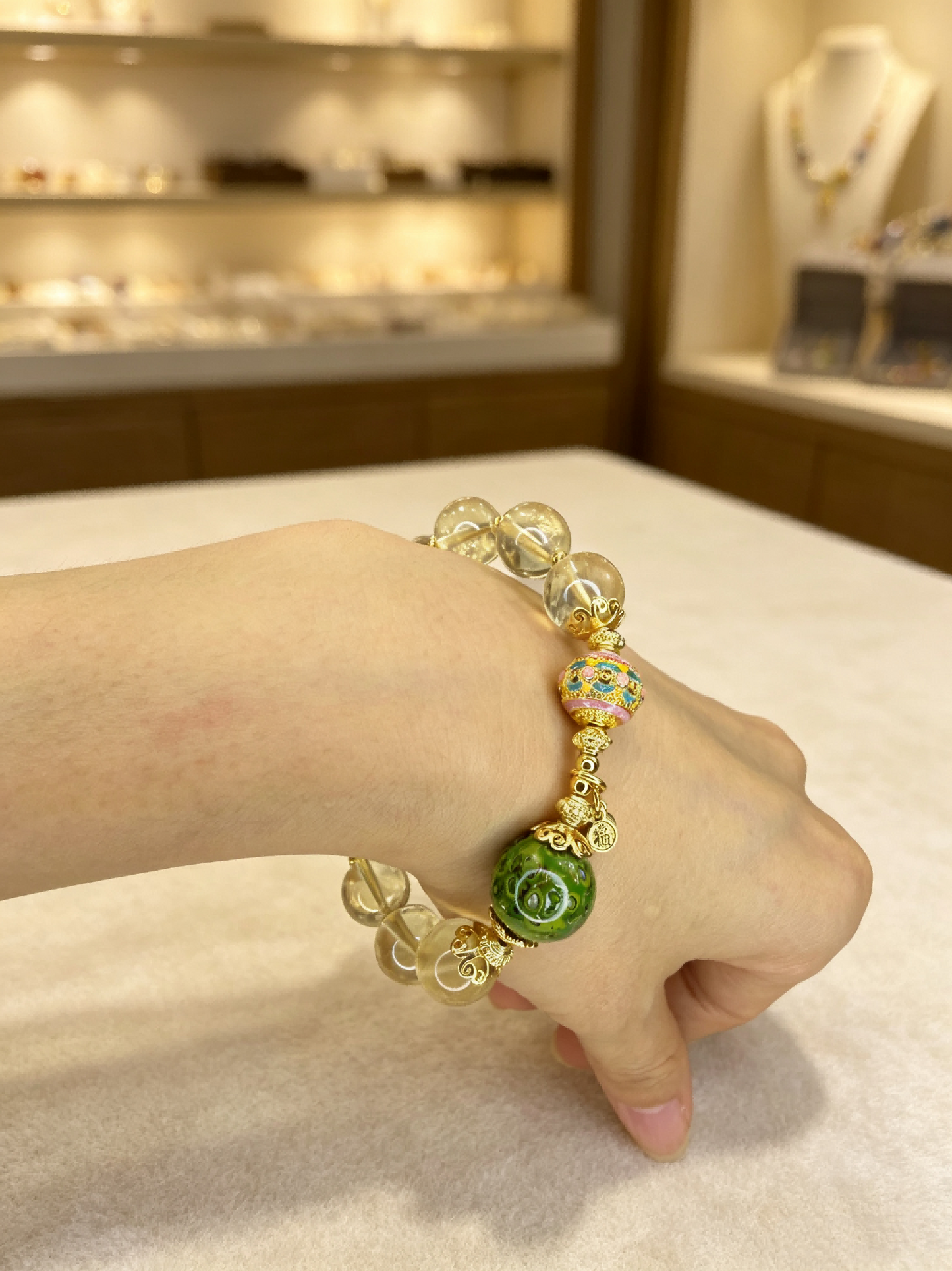 Heritage Lacquer Bracelet with Natural Citrine Crystals | Gold Plated Oriental Lucky Charm Jewelry | Handmade Luxury Gemstone Bracelet