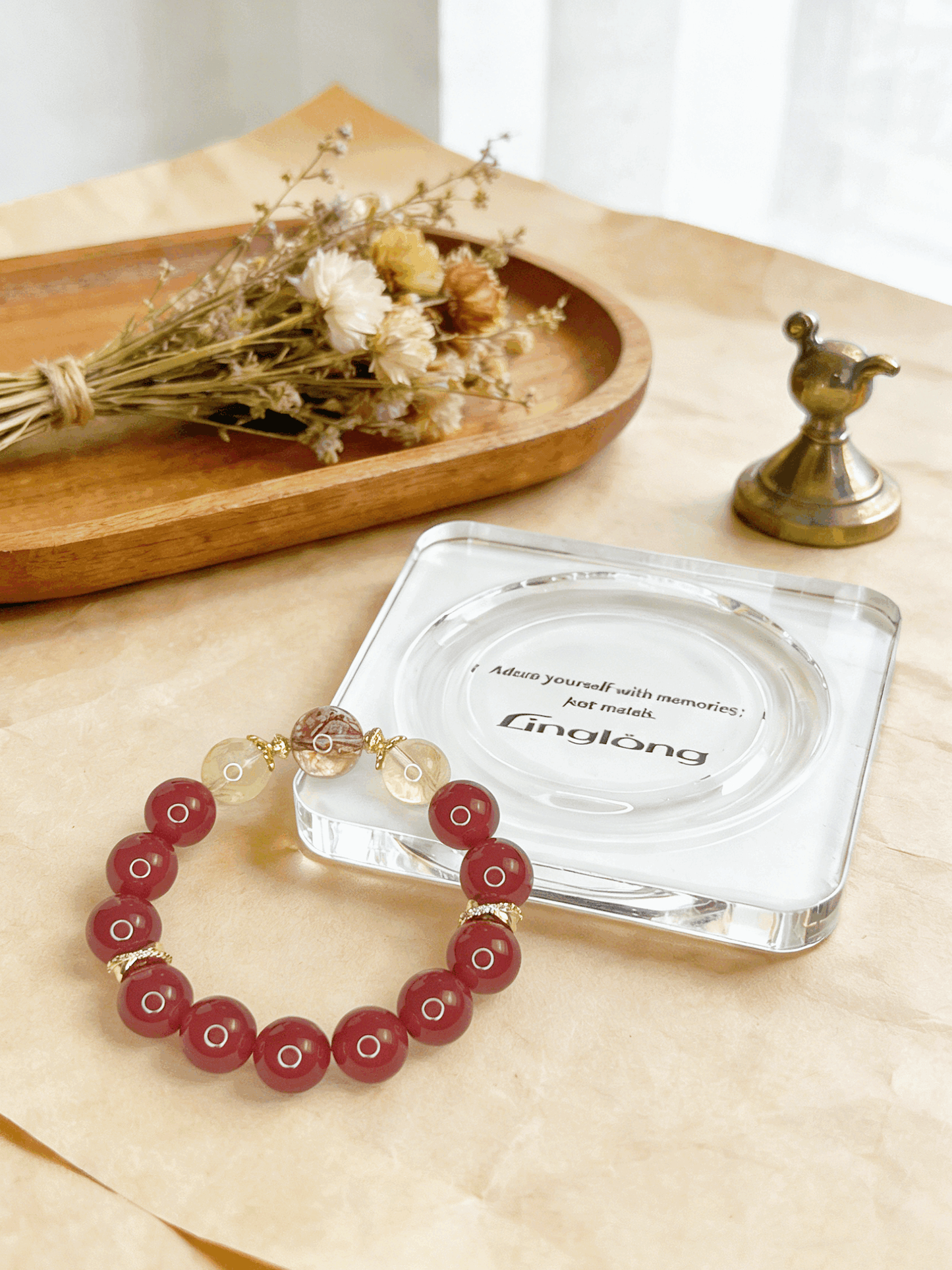 High-Quality 12-13mm Red Agate Crystal Bracelet | 18K Gold Plated Silver Lucky Bracelet with Yellow Phantom & Koi Red Resin Flower