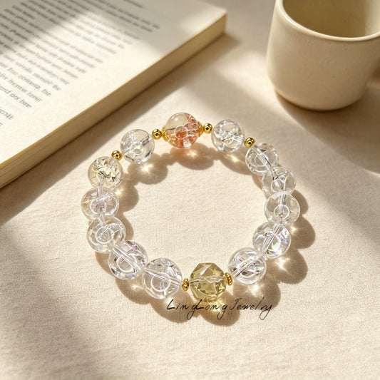 Rainbow Aurora Crystal Bracelet | Natural White Asai Quartz Bracelet with 18K Gold Accents