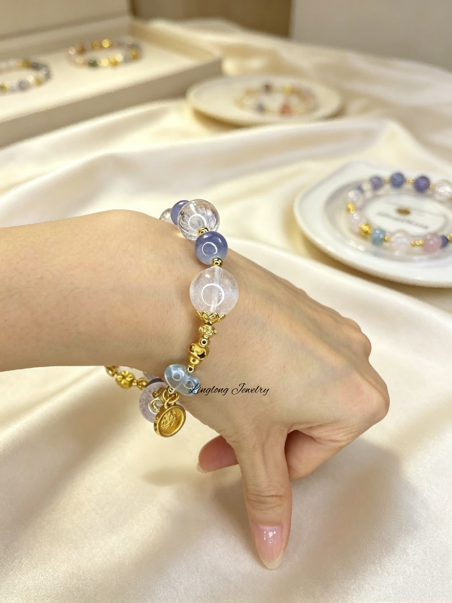White Phantom & Blue Quartz Beaded Bracelet with Blue Topaz Peach Charm, Zhaxi Lam Tibetan Goddess Gold Pendant Natural Gemstone Bracelet for Women