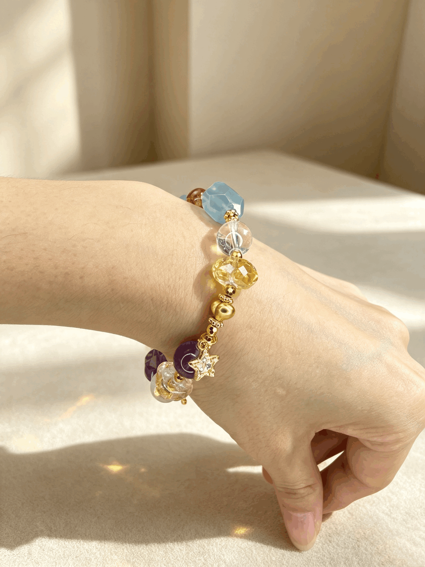 Natural Multi‑Gem Crystal Bracelet | Heritage Gold‑Wire Lacquer Bead Mother‑of‑Pearl Opal, S925 Silver Plated Real Gold Moissanite Beaded Bracelet for Women Gift