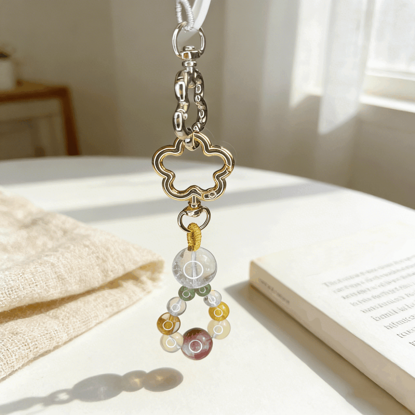 Natural Mixed Crystal Plum Blossom Keychain, Handmade Stone Bag Charm, Aesthetic Healing Crystal Pendant for Purse, Car & Phone Accessory