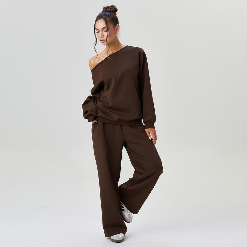 Women's Leisure Two Piece Outfits - Cozy Scoop Neck Sloping Shoulder Top & Wide Leg Trousers