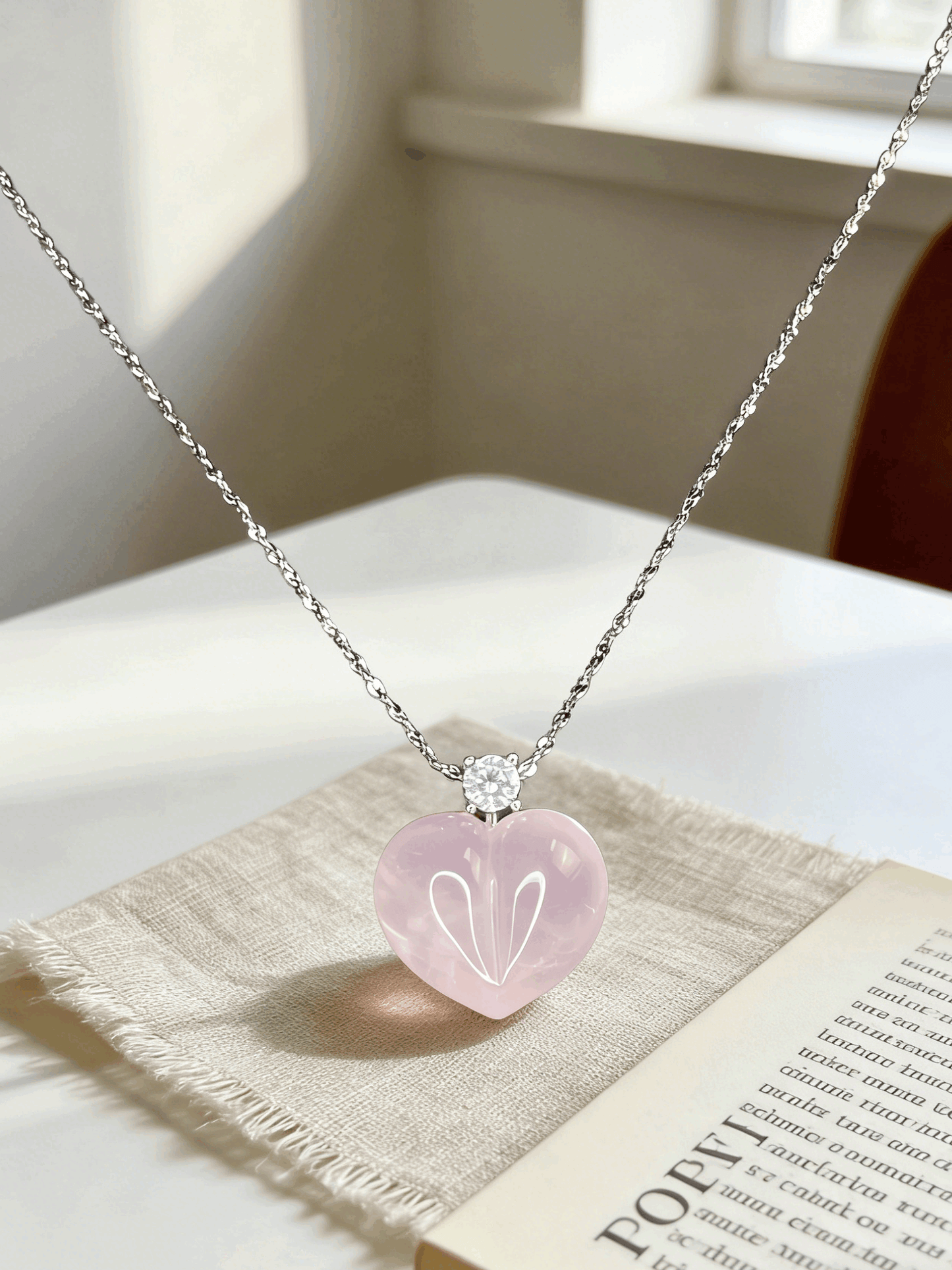 Blush Rose Quartz Heart Pendant Necklace - 990 Sterling Silver Plated with CZ Accent, Dainty Everyday Jewelry for Women