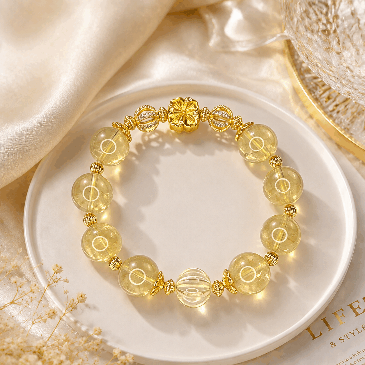 Natural Yellow Azeztulite Crystal Bracelet 12mm+ | Luxury Gold Plated Gemstone Bracelet with CZ Accents | Handmade Elegant Jewelry Gift for Women