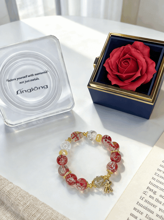 Natural Red Phantom Quartz Multi Stone Bracelet Gold Pony Charm Jewelry