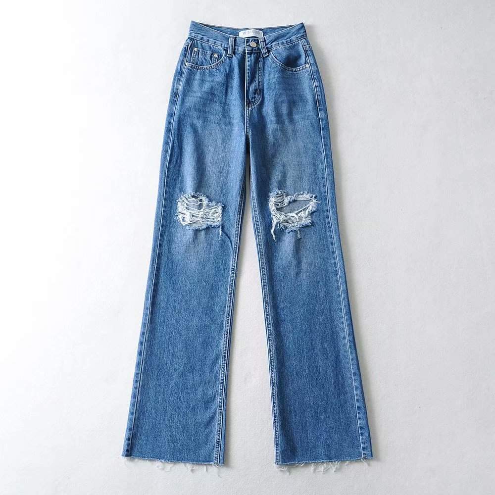 High Waisted Loose Double Knee Ripped Jeans Raw Edge Straight Trousers