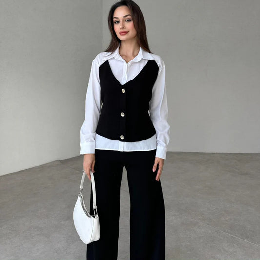 Female two-piece set of faux shirt, waistcoat and trousers