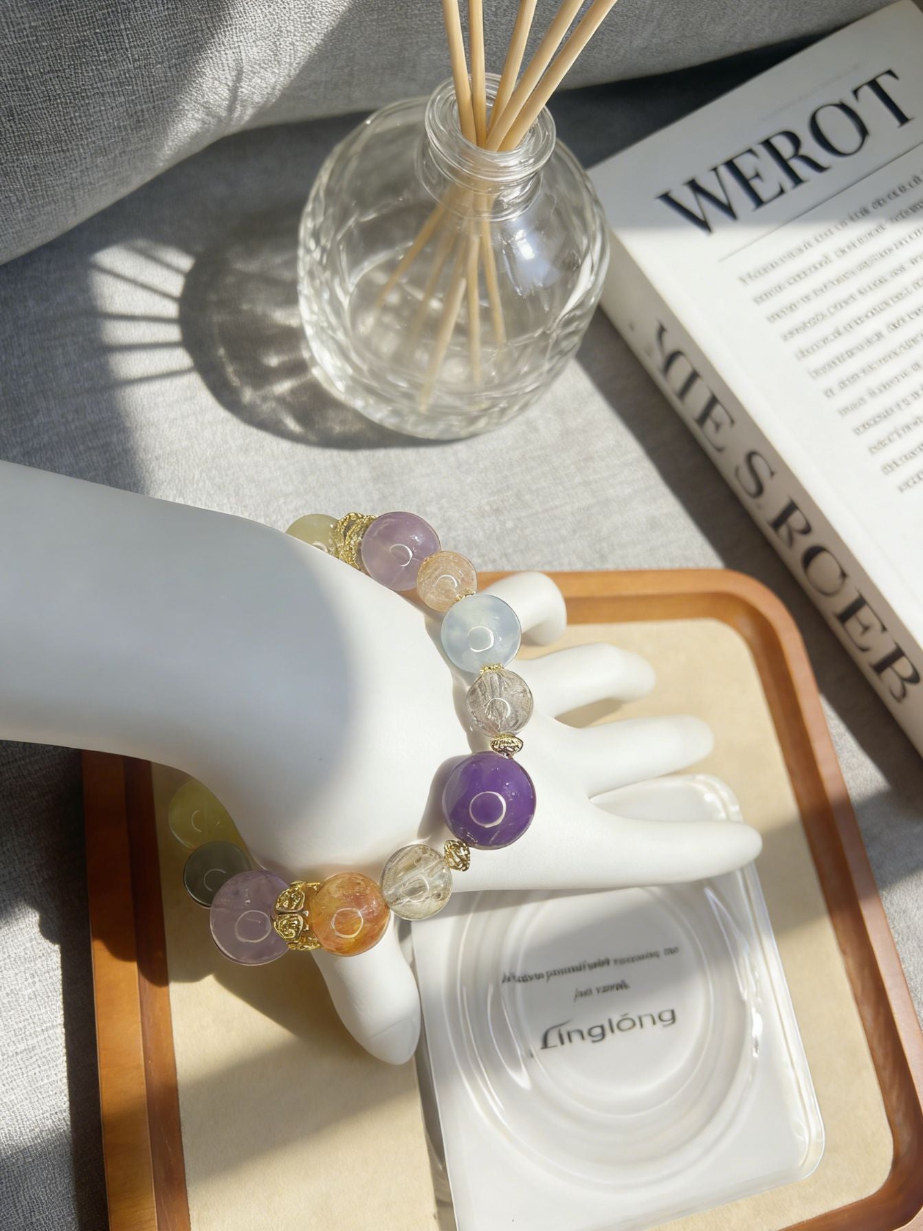 Purple Aura Natural Crystal Multi-Treasure Bracelet 8-14mm - 18K Gold Plated Silver Zircon | Luck & Prosperity