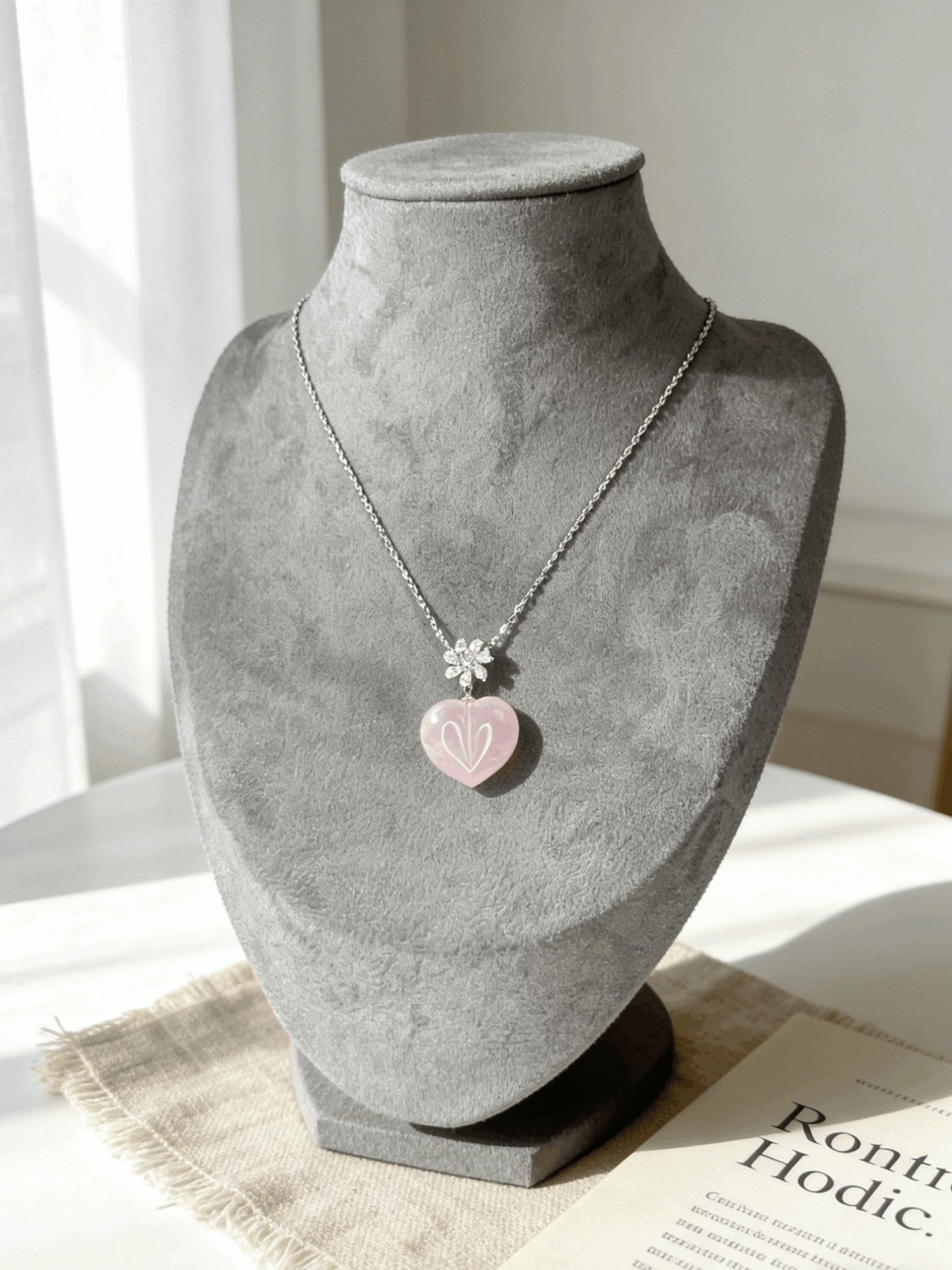 Misty Pink Starlight Natural Rose Quartz Heart Necklace