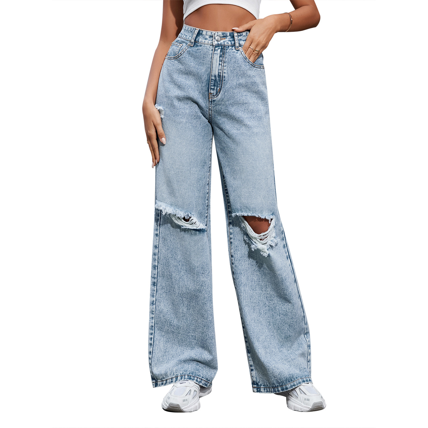 High Waisted Loose Double Knee Ripped Jeans Raw Edge Straight Trousers